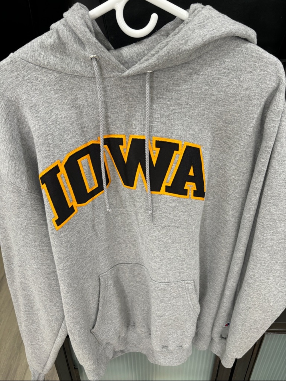 Champion Gray Iowa Crewneck Hoodie with Gold & Black Lettering